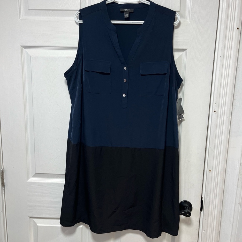 ALFANI Womens Shift Dress 16W Blue Black Colorblock V-neck Sleeveless NWT $89